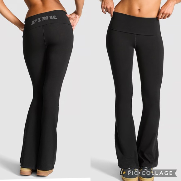 PINK Victoria's Secret Black All-Day Cotton Foldover Flare Leggings - Picture 1 of 1